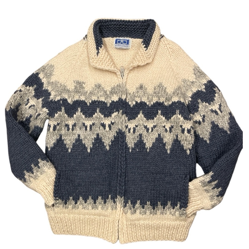 RANDALL COSCO for Longhouse L Blue Cream Grey Cowichan Wool Zip Sweater